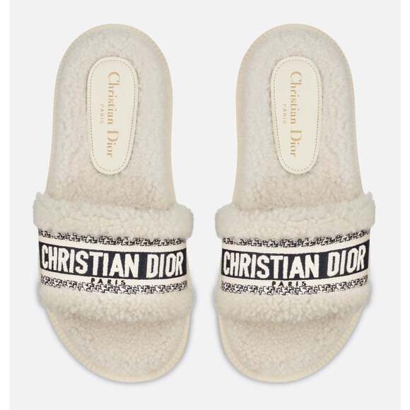 Christian Dior Dway Blue White Shearling Fur Logo Chunky Slide Flat Sandal 40 - Picture 6 of 12